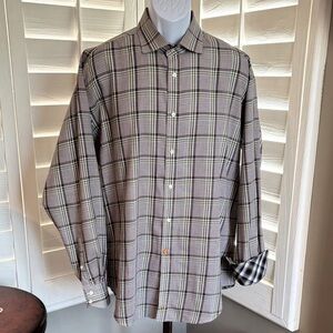 Thomas Dean Brown and Light Green Plaid Men's Shirt size XL 100% cotton